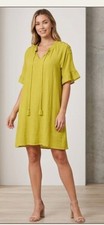 Boho Chic Naif V-Neck Shift Dress - Chartreuse Yellow Green - Flutter Sleeve LG