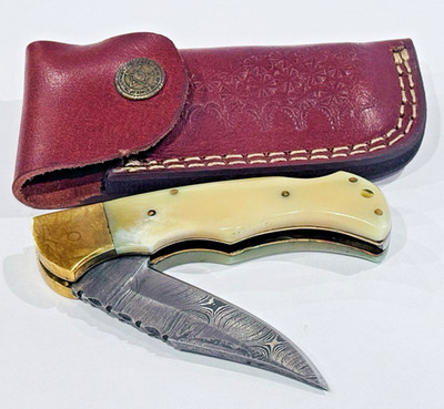 6.5'' Damascus Folding Pocket Knife w/ Sheath, Camel Bone Handle w/ Brass Bolster