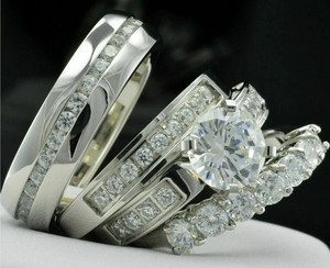 Authentic Trio Ring Set Matching Bands 14k White Gold Plated Round Cut Diamond Lab Created