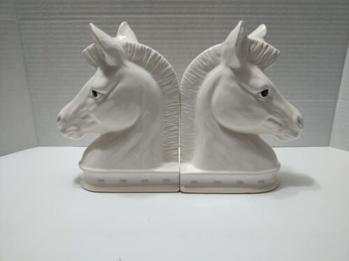 Vintage White Ceramic Horse Head Bookends Library Japan Add Sand Xtra Weigh READ