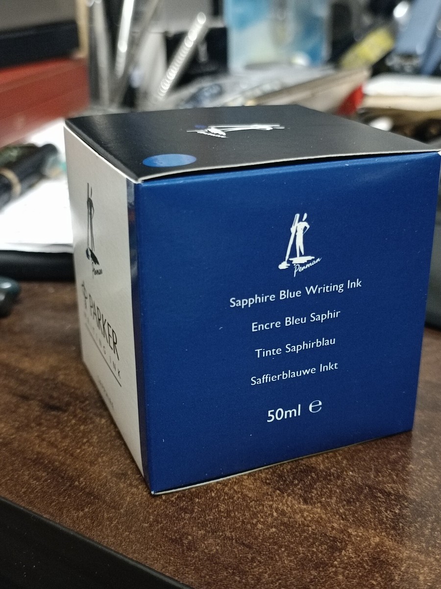 NOS PARKER PENMAN SAPPHIRE BLUE INK, NEW BOTTLE 50ml BOXED PAPERS