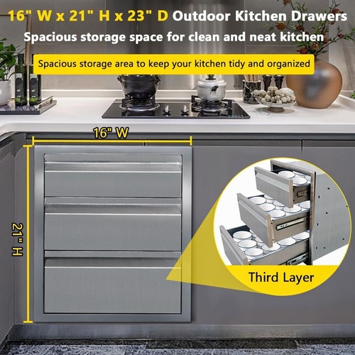 Outdoor Kitchen Stainless Steel Triple Access Drawers with Flush Mount Handle - Picture 3 of 7