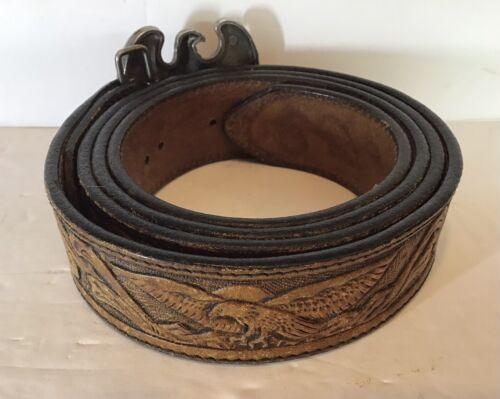 Vintage Silver Creek Brown Leather Sz. 46 Belt Tooled Eagles And Eagle Buckle - Picture 2 of 10