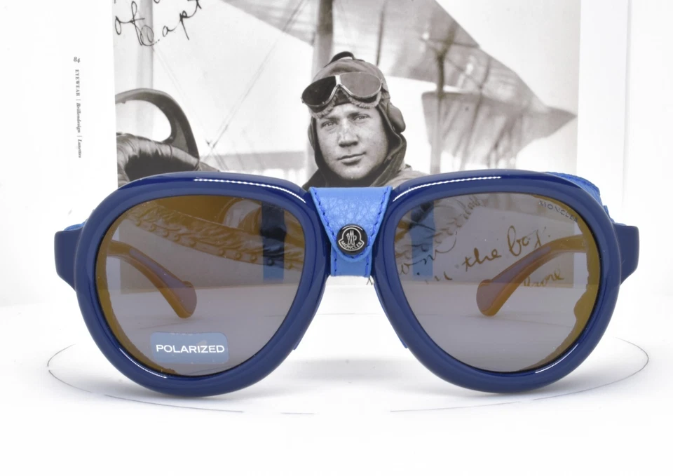 Gafas de sol MONCLER azules cuero genuino escudo esquí trekking senderismo 90/90D 3P Foto 2 de 4