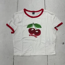 Shein White Red Cherry Graphic Short Sleeve Basic T Shirt Womens Size L NEW