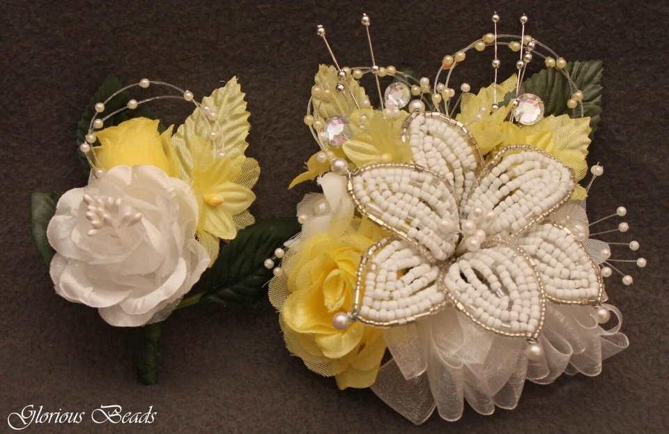 Корсаж желтый бисер лилия, шелковые розы, бусины стразы. Вариант бутоньерки - Изображение 4 из 4