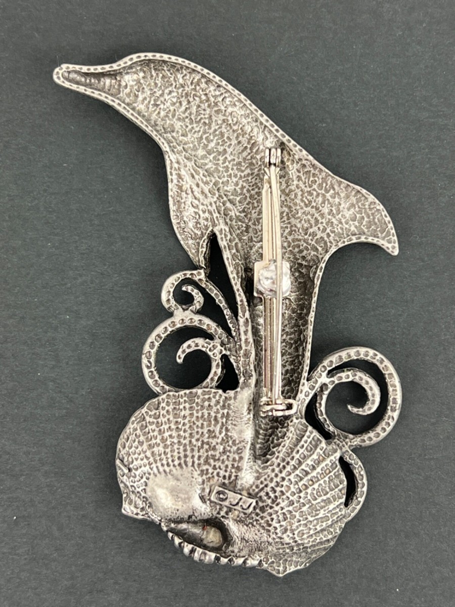 JJ Jonette Vintage Pewter Dolphin Brooch Pin with Purple Glitter