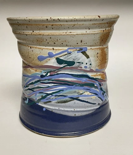 Wheel Thrown Pottery Planter Blue & Gray Abstract Ceramic Vase Signed Cunningham