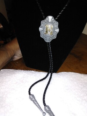Bolo neck tie Monogram gold E On Front With Peweter Look And On Tips Nylon Rope