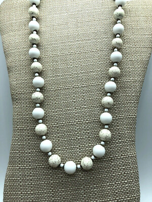 Nice Beaded Necklace White And Cream Colored Beads With Gray Cracked Look 24''