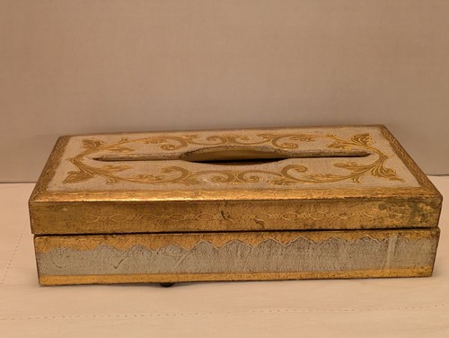 Vintage Gold & White Wood Tissue Box Holder Florentine Style Made In Italy
