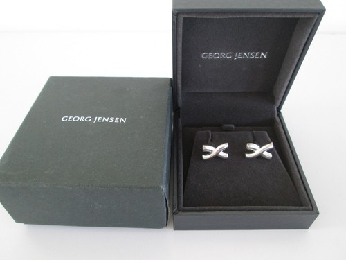 GEORG JENSEN STERLING SILVER PAIR OF CUFFLINKS MODERNIST DESIGN WAVY CROSS BOXED