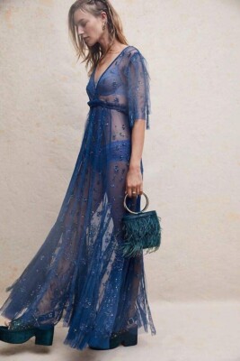 FREE PEOPLE Womens Blue Sequin Tulle Maxi Dress 0 NEW Empire Sasha Sheer