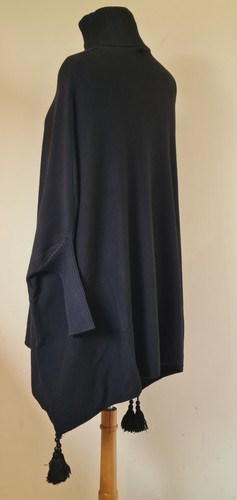Womans Poncho Soft Touch black Roll Neck beaded tassel Jumper One Size - Picture 5 of 20