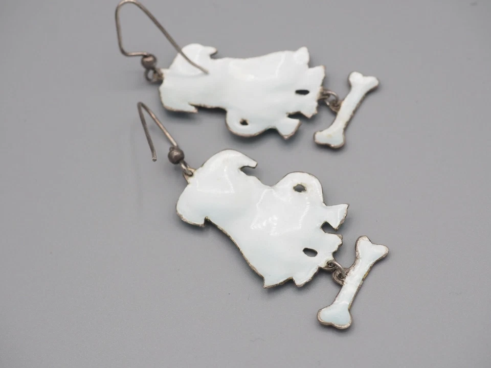 Pendientes articulados vintage plata esterlina esmalte azul divertido perro cachorro con hueso Foto 4 de 4