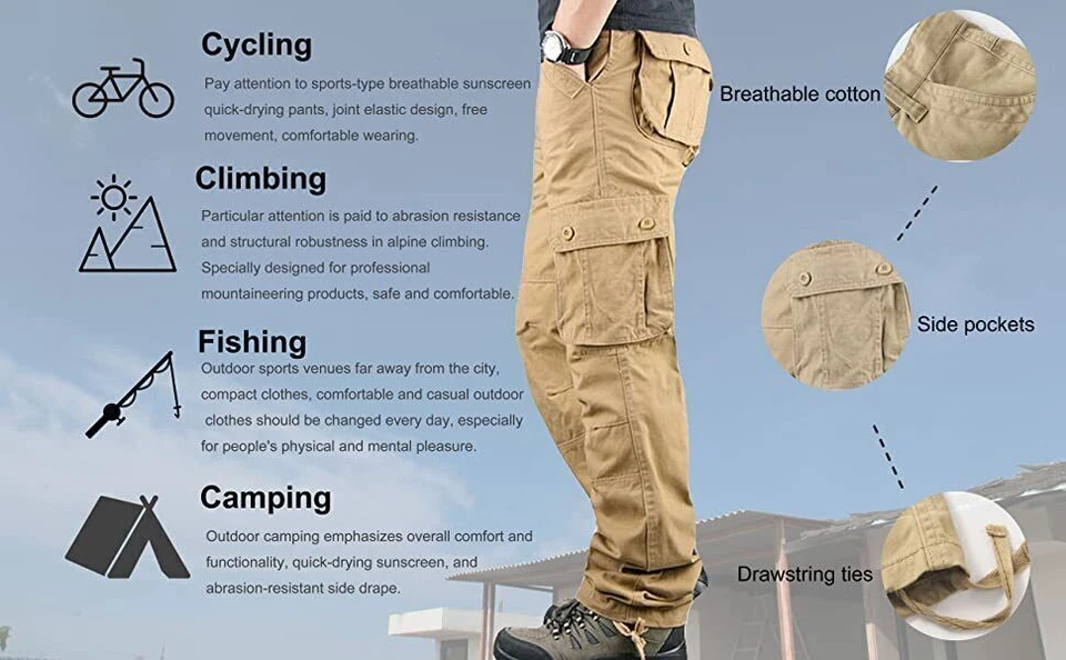 8 Pockets Men's Cargo Pants Cotton Work Trousers Tactical Combat Outdoor Pants - Image 4 of 4