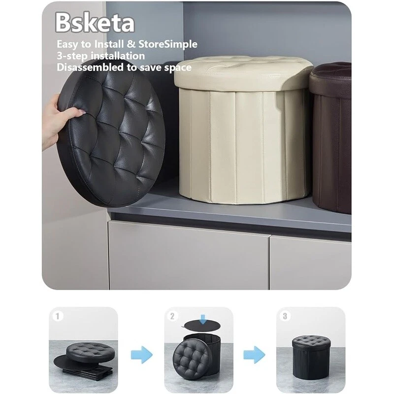 Folding Storage Ottoman Round Foot Stool Thicker Foam Padded Seat Small Leather - Image 4 of 4