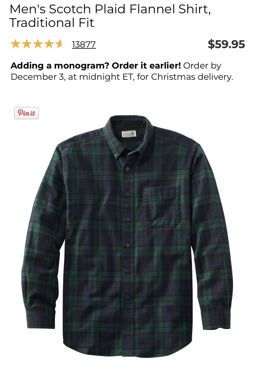 L.L. BEAN Men's PLAID FLANNEL Shirt Long Sleeve Size L Green And