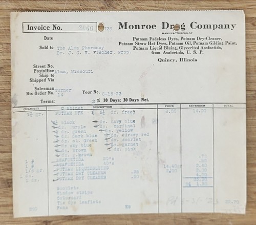 1922 Billhead Quincy Illinois Monroe Drug Company Alma Missouri - Picture 2 of 2