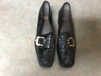 STUART WEITZMAN Black Croc Embossed Leather Loafers Shoes STUART WEITZMAN Black Croc Embossed Leather Loafers Shoes