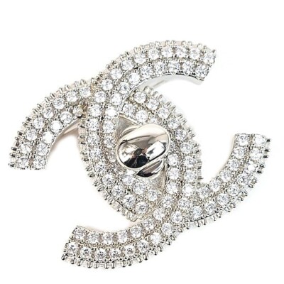 Chanel Coco Mark Rhinestone Turnlock Ladies Brooch Silver Jewelry