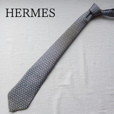 Hermes Herm s Silk Tie, All-Over Pattern, Blue  Beige, Made in France n5459