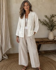 CHICOS Ivory Silk Linen Blend Open Front Jacket Embroidered Braided Lapel