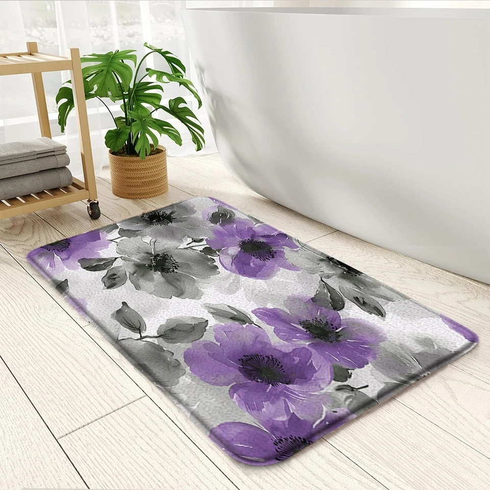 Juego de 1 alfombra de baño flor púrpura acuarela floral rústica alfombra de baño decoración Foto 2 de 4