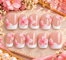 Pink Floral French Tip Press On Nails 3D Flower Glossy Nail Art Set