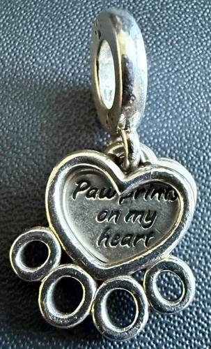 Pandora S925 ALE Silver Paw Prints on My Heart Dangle Charm 2.59g