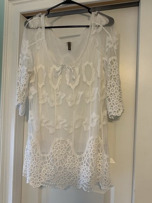 XCVI Womens M Sheer Crochet Lace Trim Tie Neck 3/4 Bell Sleeve Top Floral Hippie