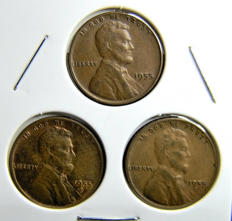 1955-P 1955-D 1955-S  Lincoln Wheat Copper Penny Cent - 3 Coin Set [USP-348]