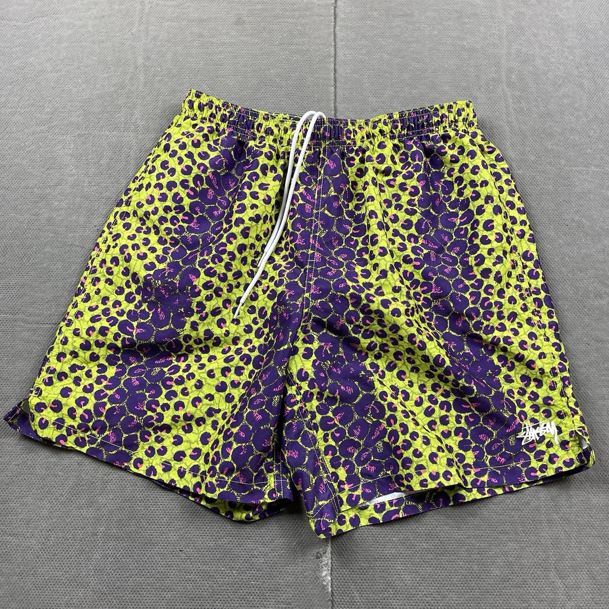 Stussy Shorts Mens Large Leopard Print Water Short Lined Lime