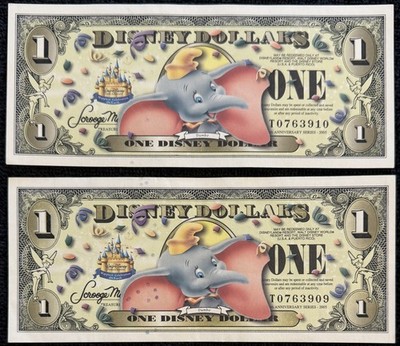 2005 Disney Dollar $1 Dumbo BARCODE Consecutive Pair DIS95 Series T w/ Env