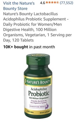Nature's Bounty Acidophilus Probiotic 100M 120 Tablets Non-GMO Sodium Free