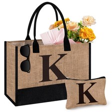 Initial Jute Tote Bag  Makeup Bag, Birthday Gifts for Women Her Mom Teachers...