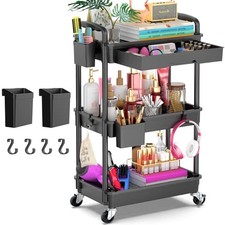 3 Tier Rolling Utility Cart Organizer with Removable Drawer, Black