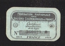 vieux papiers colombophilie  certificar d'immztriculztion 1931  PP47255