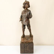 Antique Bronze Sculpture Boy w/ Crossbow Signed Julius Schmidt-Felling