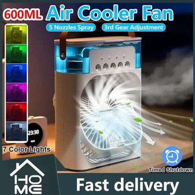 600ML Portable Air Cooler Fan, 5 Nozzles Spray, 3 Speeds, USB, Night Light