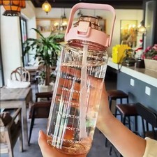 2L Large Water Bottle with Straw Time Marker Portable Sports Fitness Cup