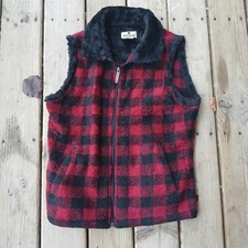 Woolrich Women's Vintage Faux Fur Buffalo Plaid Red/Black Fleece Vest Size M