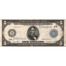 [#25408] USA, 5 Dollars, 1914, Lincoln, Blue Seal, 2-B, ss(20-25)