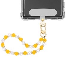Phone Wrist Strap, Pearl Beaded Phone Charm with Tether Tab, Yellow  White