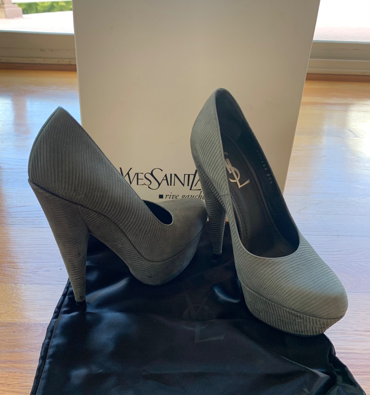 SAINT LAURENT Scarpe YSL ALIAMA 105 STAMPA PUMP MELILLA ANTRACITE plateau tacchi alti taglia 7 5