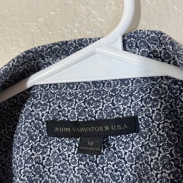 John Varvatos 衬衫男式中号蓝色白色花卉短袖纽扣休闲 — 第 3/4 张图片