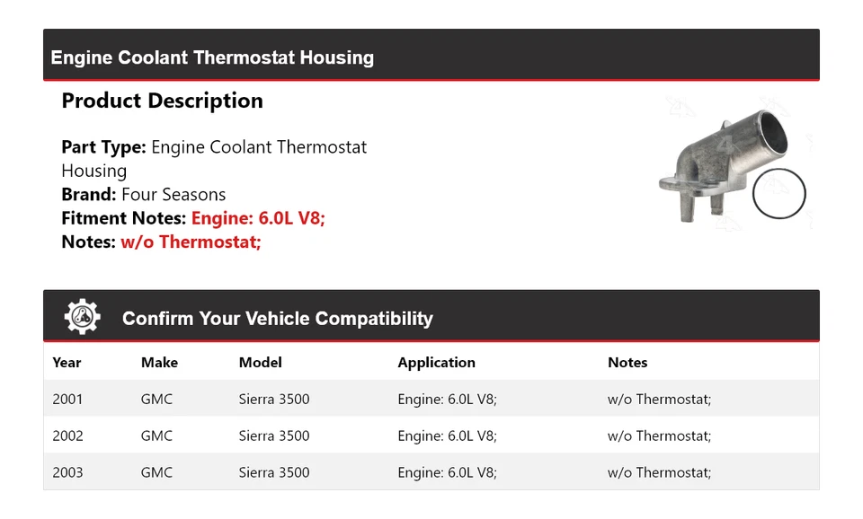 Carcasa termostato refrigerante motor GMC Sierra 3500 2001-2003 6,0 L 4 estaciones Foto 2 de 4
