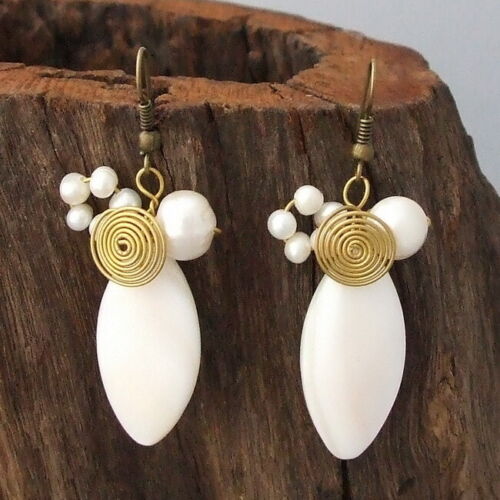 Elegant White Seashell Ovals, Pearls and Brass Spirals Dangle Earrings - Picture 1 of 3