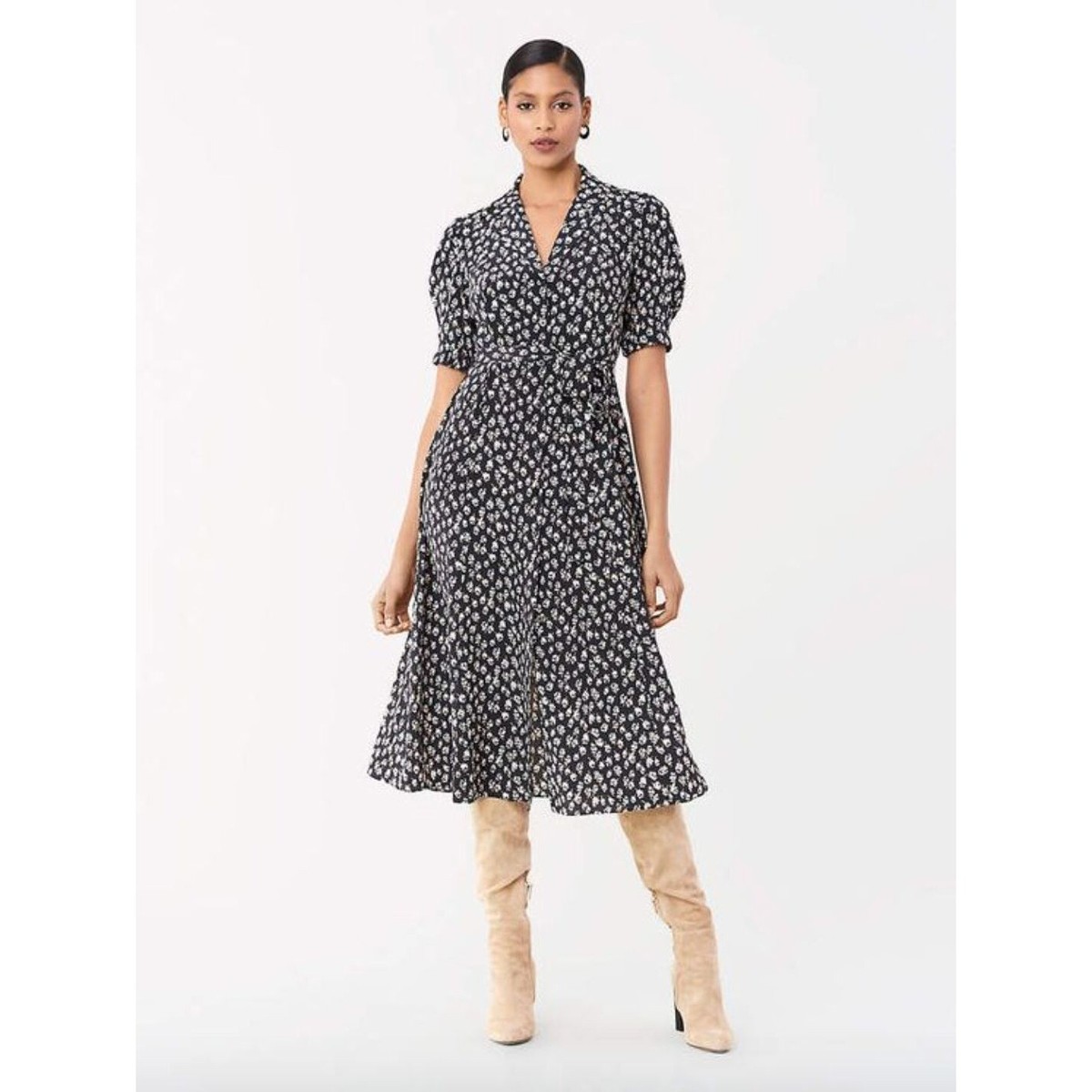 Diane von Furstenberg Lily Cinch Sleeve Midi Dress Black Womens