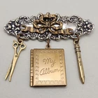 Vtg Scrapbooking Charm Locket Brooch Photo Scissors Pencil Silver Gold Brasstone